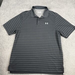 Under Armour Polo Shirt Mens Large Black White Striped HeatGear Golf Preppy
